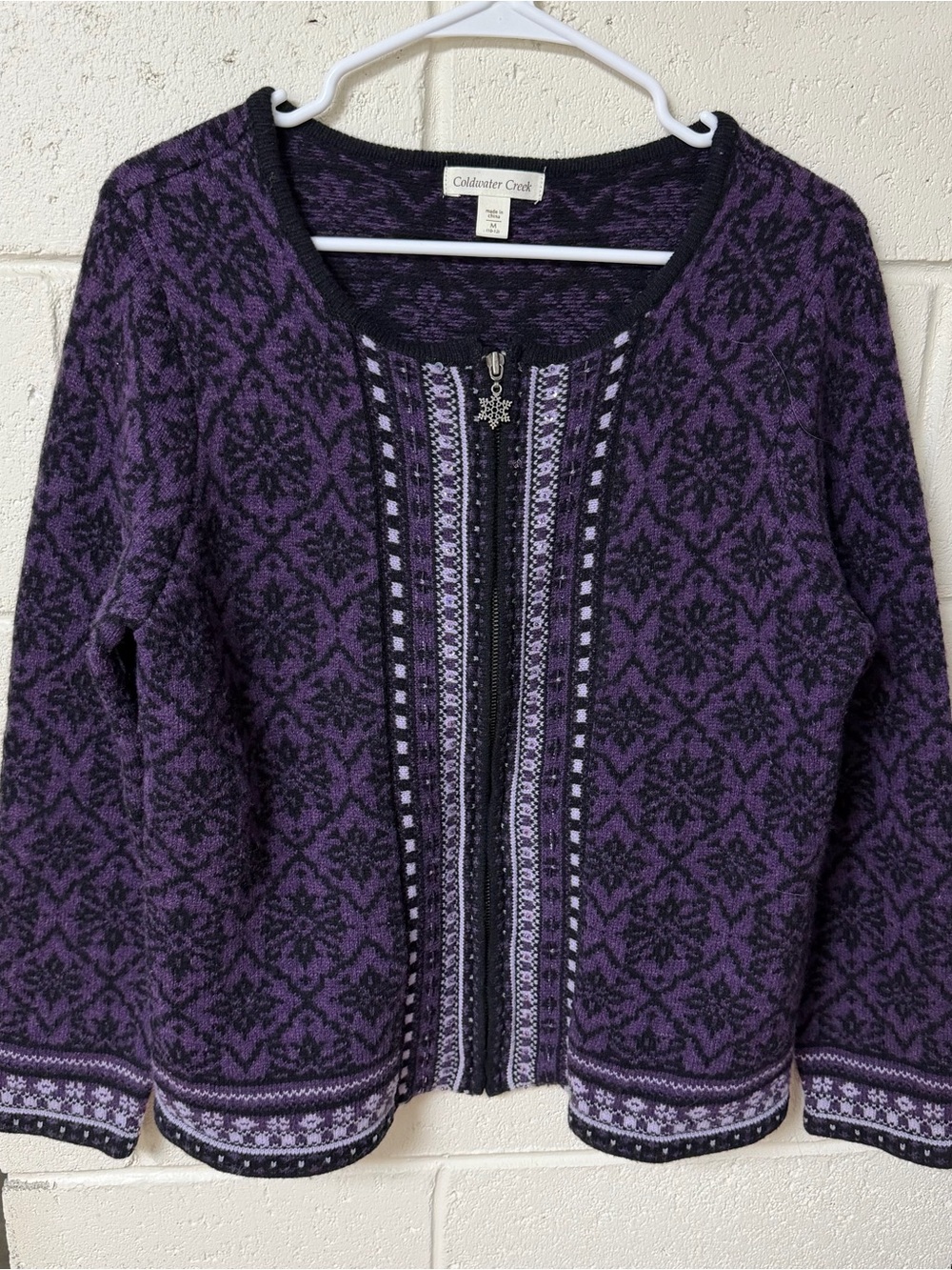 Coldwater Creek Purple Winter Patterned Zip-Front Wool Blend Womens Sweater
